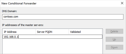 Screenshot of how to add and configure a conditional forwarder for the DNS server.