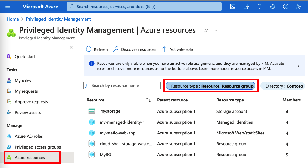 List of Azure resources to manage