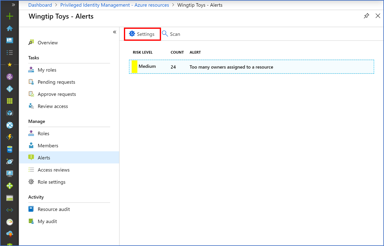 Alerts page with Settings highlighted