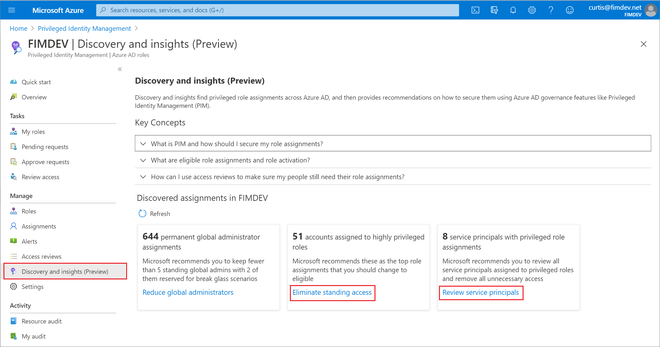 Screenshot showing additional insights options to eliminate standing access and review service principals.
