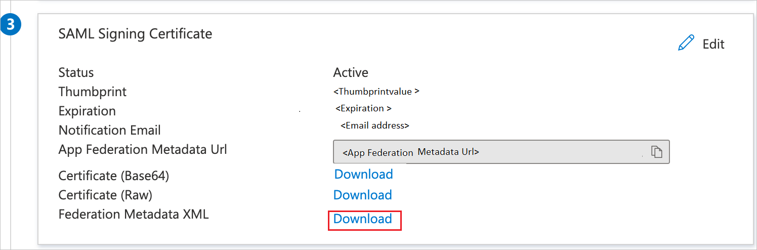 Screenshot highlighting the Federation Metadata XML download link.