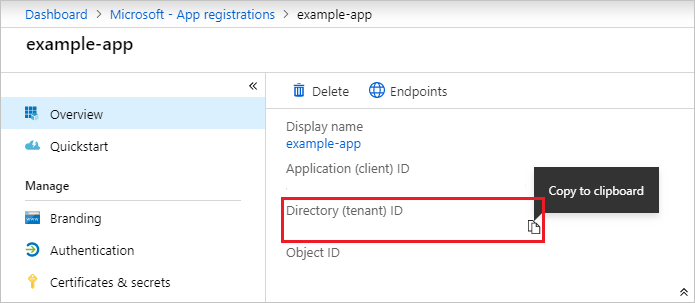 Copy the directory (tenant ID) and store it in your app code
