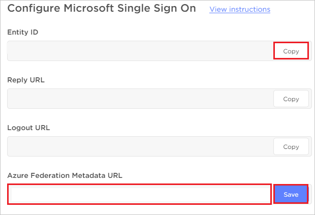 Screenshot shows the Configure Microsoft Single Sign On page where you can copy the Entity I D and save the Azure Federation Metadata U R L.