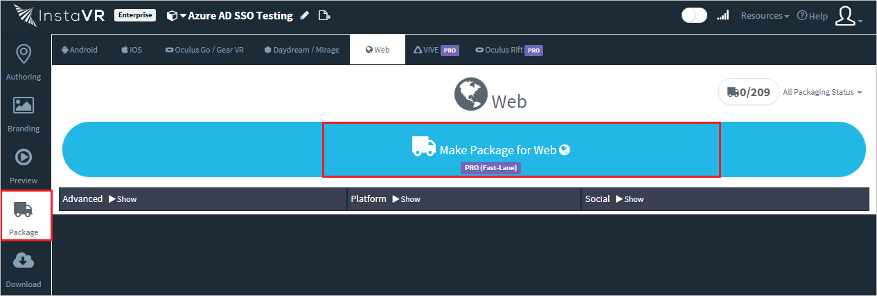 Screenshot shows InstaVR Viewer company site with Select Package and Make package for Web selected.