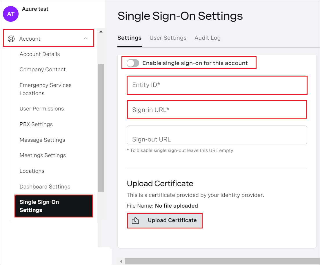 Single Sign-On Settings page