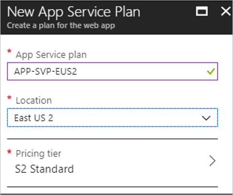Screenshot of the New App Service Plan pane for creating an App Service plan.