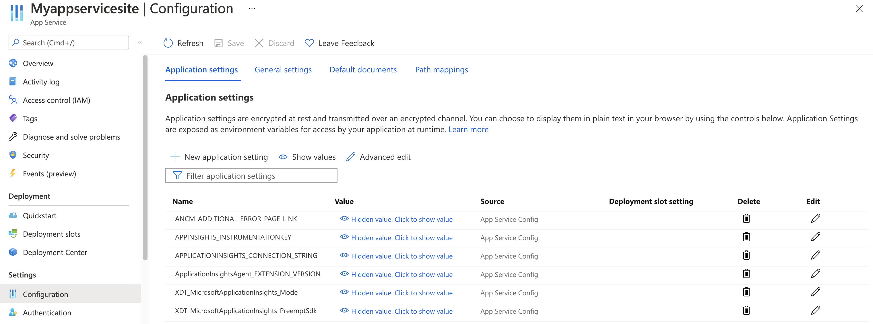 Screenshot that shows App Service application settings with Application Insights settings.