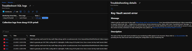 A screenshot of the Azure Monitor page for Troubleshoot SQL logs in the Azure portal.