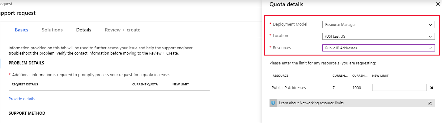 Screenshot of the Quota details pane for a networking quota increase request.