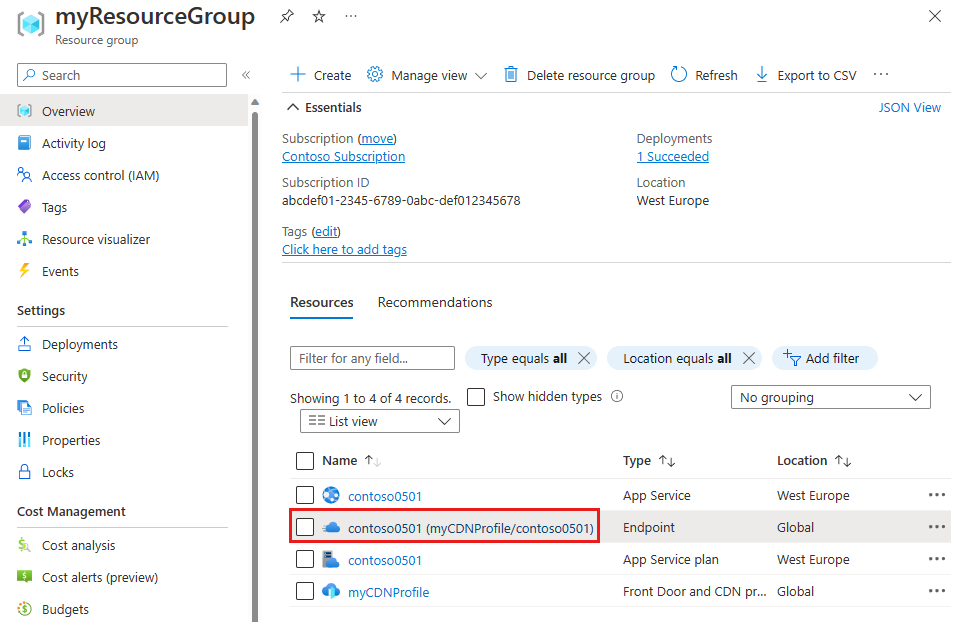 Screenshot of Azure Content Delivery Network endpoint from resource group.
