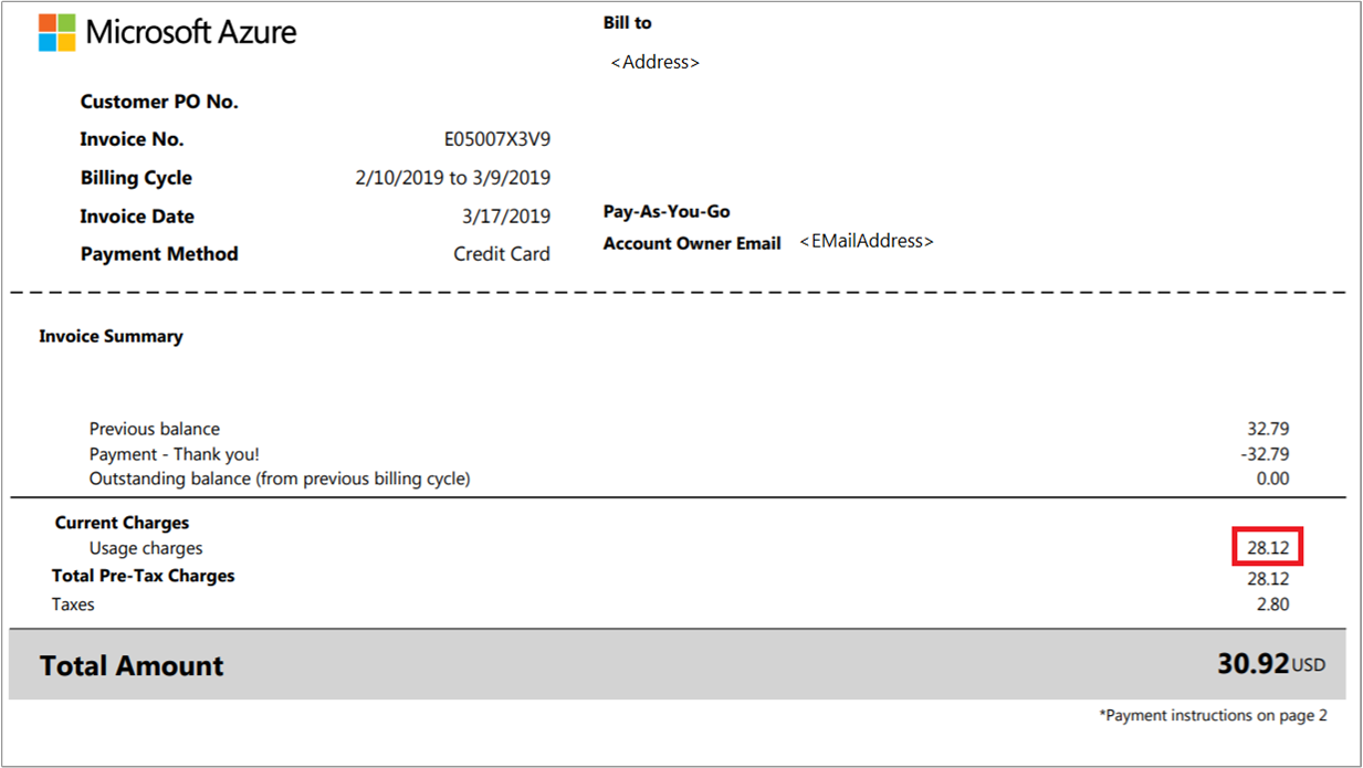Screenshot showing an example Azure Invoice.