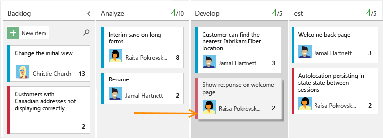 Screenshot that shows a Kanban board that uses an Agile template to update the status of a work item.