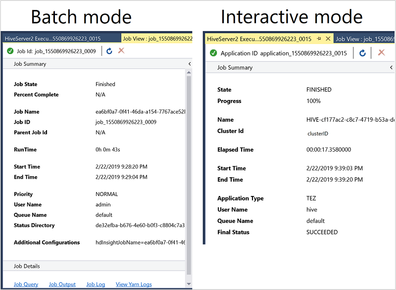 Hive job summary windows, batch and interactive mode, Visual Studio.