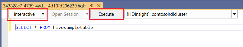 Interactive mode, Hive ad-hoc query, HDInsight cluster, Visual Studio.