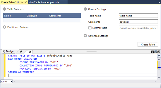 Create Table window, Hive, HDInsight cluster, Visual Studio.