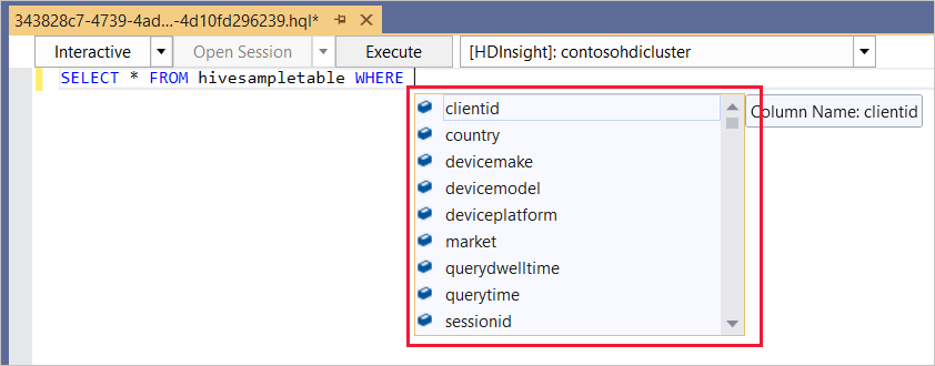 IntelliSense example 2, Hive ad-hoc query, HDInsight cluster, Visual Studio.