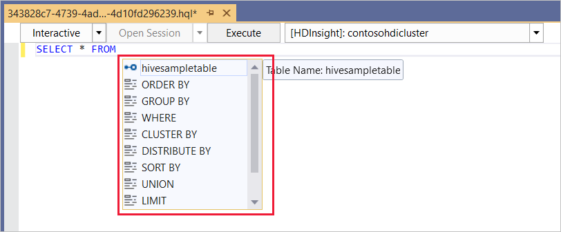 IntelliSense example 1, Hive ad-hoc query, HDInsight cluster, Visual Studio.