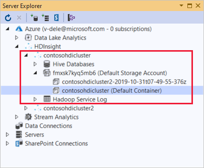 Data Lake Tools for Visual Studio linked resources in Server Explorer.