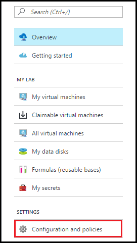Screenshot that shows the Configuration and policies menu for a lab.