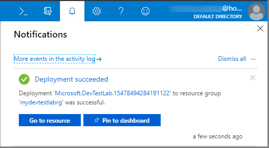 Screenshot of the DevTest Labs deployment notification.