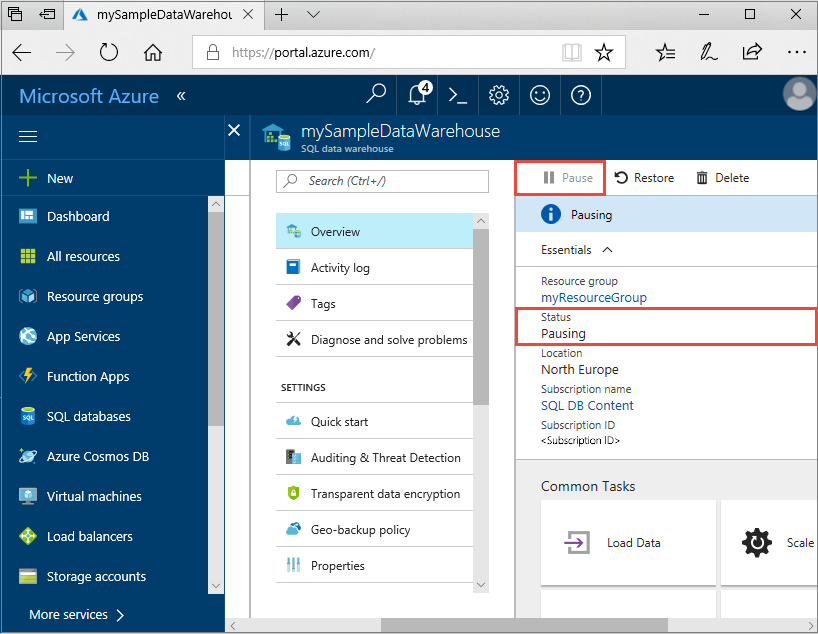 Screenshot shows the Azure portal for a sample data warehouse with a Status value of Pausing.