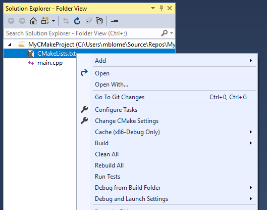 Screenshot of the Visual Studio Solution Explorer after right-clicking CMakeLists.txt.