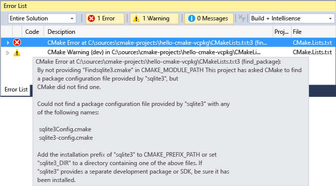 Screenshot of a C Make error in the Visual Studio error list.