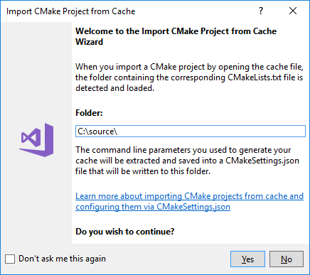 Screenshot of the Import CMake Project from Cache wizard. The directory path of the CMake project to import goes in the `folder` textbox.