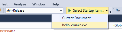 Screenshot of the Select Startup Item dropdown for a CMake project. You can select current document or hello-cmake.exe