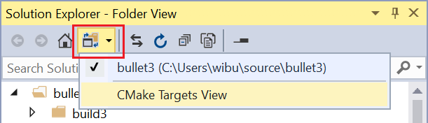 Screenshot of the dropdown button in the Visual Studio Solution Explorer that offers the CMake targets view option. Which is selected.