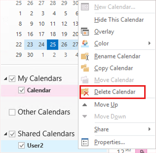 Skjermbilde som viser hvordan du fjerner en delt kalendermappe.