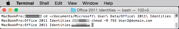 Skjermbilde av terminalvinduet i Outlook 2011-identitetskatalogen når du har skrevet inn kommandoene.