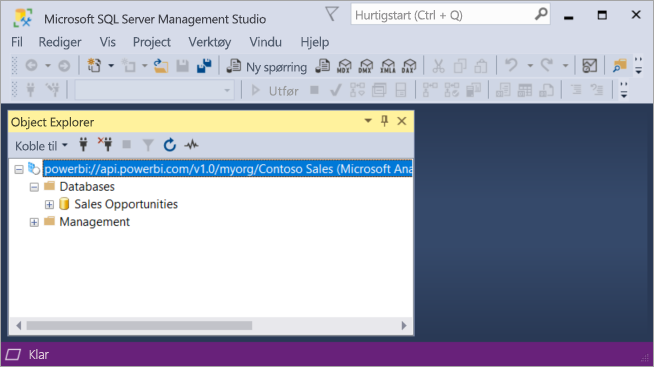 Skjermbilde av Microsoft SQL Server Management Studio-vinduet. Objektutforsker er i hovedruten.