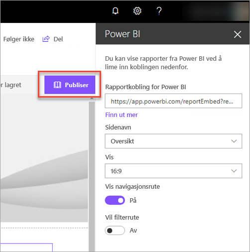 Screenshot of the Power Power BI report link showing the Publish option selected.