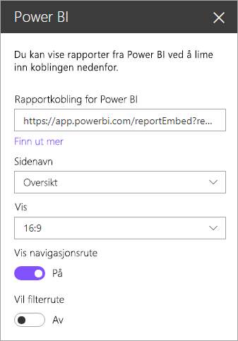Screenshot of the SharePoint new web part properties dialog with the Power BI report link highlighted.