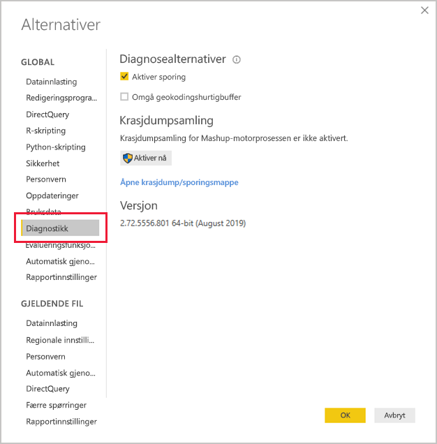 Screenshot of the Diagnostics section of the Power BI Desktop Options screen with the link to open the crash dump/traces folder.