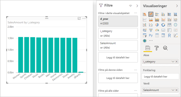 Screenshot of a Power BI Desktop stacked column chart that displays sales amount by category.