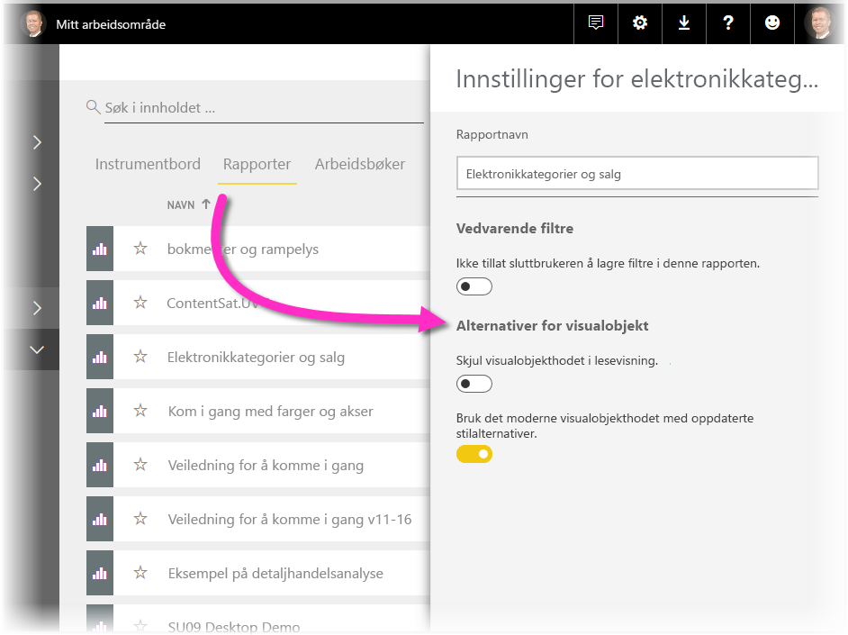 Screenshot of the settings for a report in the Power BI service.