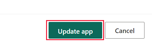 Screenshot of the Power BI service, highlighting the Update app button.