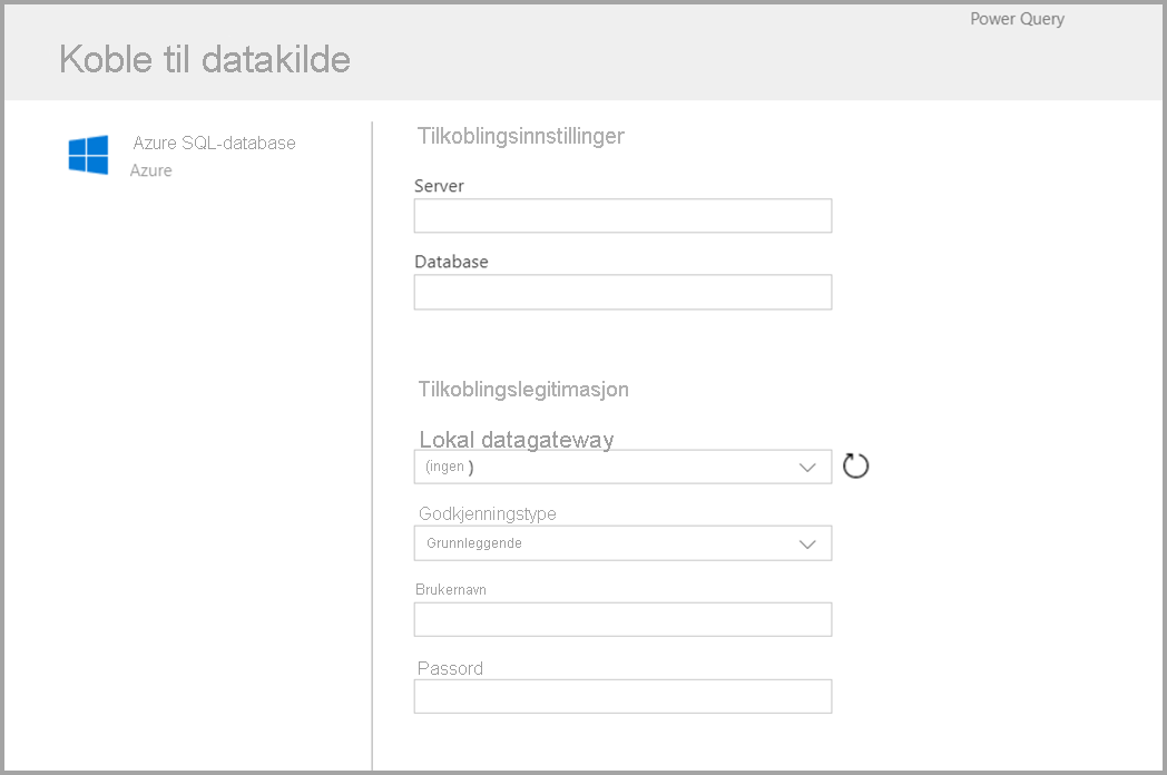 Screenshot of the form displayed after you choose Azure SQL as a connector.