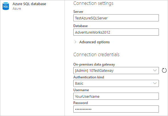 Skriv inn tilkoblingen til Azure SQL-databasen på nettet.