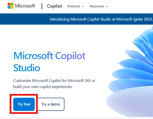 Skjermbilde av plasseringen av Prøv nå-knappen på Microsoft Copilot Studio-innføringsnettstedet.