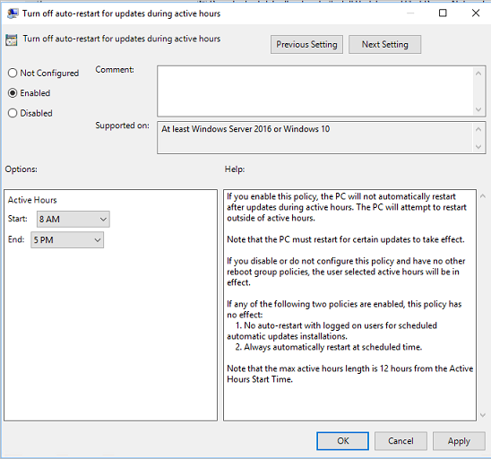Use Group Policy to configure active hours.