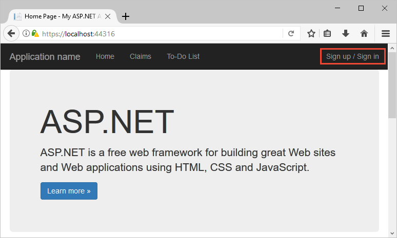 Schermopname van de voorbeeld-ASP.NET-web-app in de browser met de koppeling registreren/ondertekenen gemarkeerd