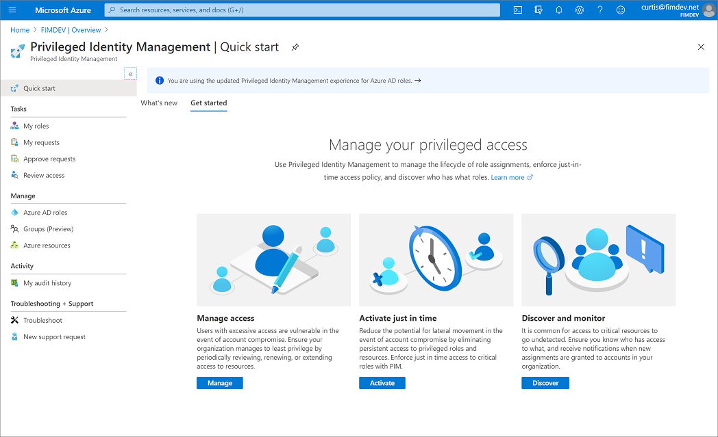 Schermopname van Privileged Identity Management in Azure Portal.