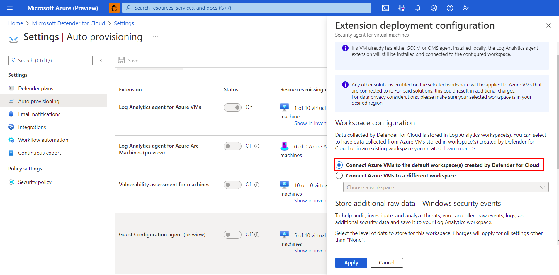 Screenshot showing how to auto provision defender for cloud to manage your workspaces.