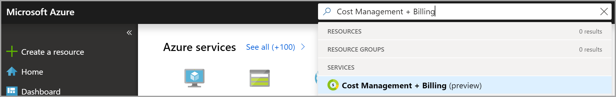 Schermopname van een zoekopdracht in Azure Portal naar kostenbeheer en facturering.