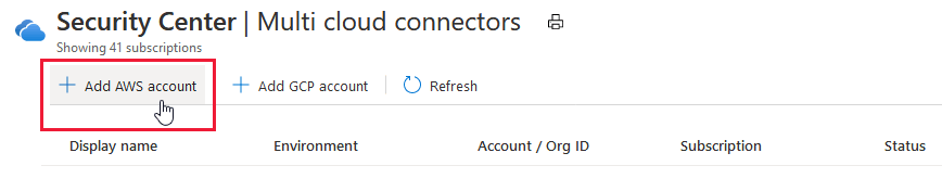 Knop AWS-account toevoegen op de pagina met connectors voor meerdere clouds van Security Center