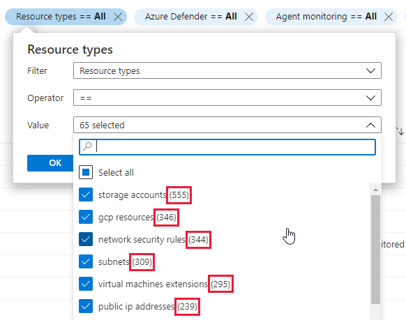 Telt in de filters op de pagina assetinventaris van Azure Security Center.