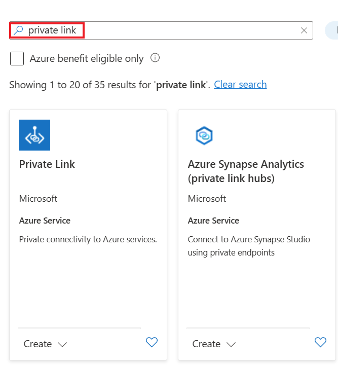 Schermopname van het zoeken in Azure Portal voor Private Link Center.